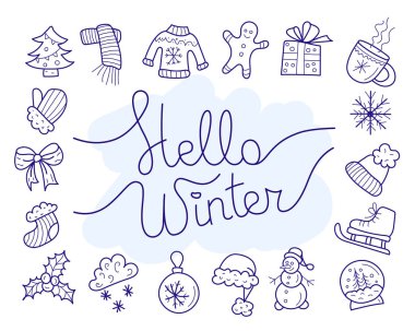 Minimalist, elle çizilmiş kış ve tatil elementlerinin vektör koleksiyonu. Kalın giysiler, rahat ev dekorasyonu ve sanat tarzında neşeli öğeler içerir.