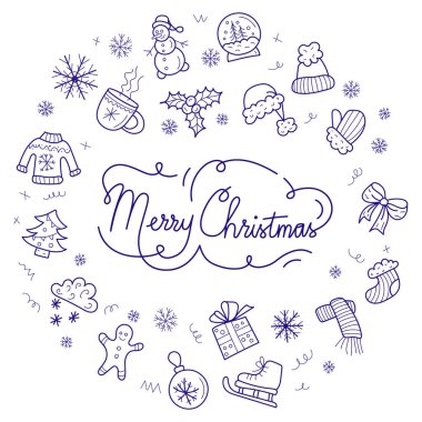 Minimalist, elle çizilmiş kış ve tatil elementlerinin vektör koleksiyonu. Kalın giysiler, rahat ev dekorasyonu ve sanat tarzında neşeli öğeler içerir.