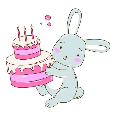 Sevimli el yapımı tavşan doğum günü pastasıyla kutlama yapıyor. Tuhaf tebrik kartları, çocuk kırtasiyesi ve kreş markaları için ideal..