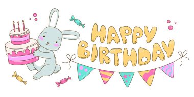 İçinde çelenk, pasta ve mumlar olan el çizilmiş bir tavşan olan tuhaf bir doğum günü kartı. Çocuk partileri ve sanatsal kırtasiye tasarımı için ideal.