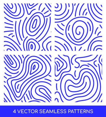 Mavi organik dalgalı çizgiler, soyut topografik hatlar ve beyaz arka planda akışkan şekiller içeren 4 adet kusursuz vektör deseni..