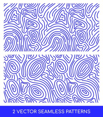 Mavi organik dalgalı çizgiler, soyut topografik hatlar ve beyaz arka planda akışkan şekiller içeren 2 adet kusursuz vektör deseni..