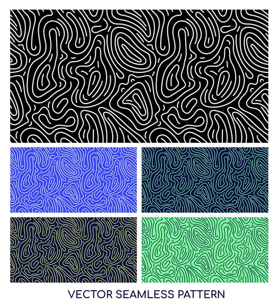 Çeşitli renk paletlerindeki topografik haritalara veya parmak izlerine benzeyen soyut organik çizgilere sahip kusursuz vektör deseni.