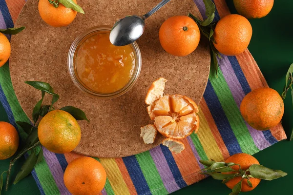 Glas Mandarinenmarmelade Mit Frischen Mandarinen — Stockfoto