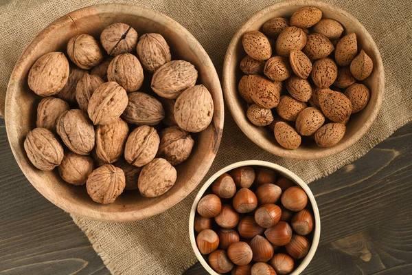 Wooden Bowls Mixed Nuts Overhead View — Stock Photo, Image