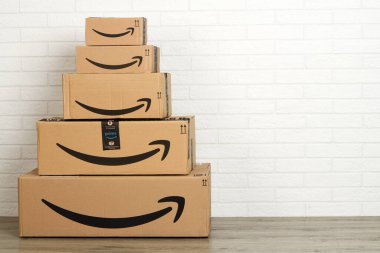 Amazon karton kutunun içindeki kedi beyaz tuğla duvar arka planında. Bergamo, İtalya, 5 Mart 2021.