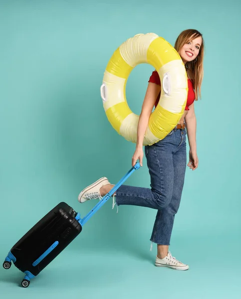 Young Pretty Woman Suitcase Rubber Ring Mint Background — Stock Photo, Image