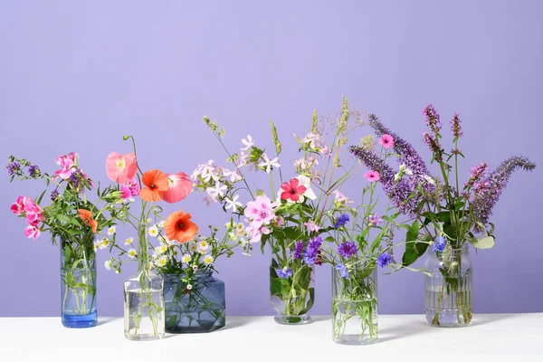 Скляні Вази Красивими Польовими Квітами Фіолетовому Фоні — стокове фото
