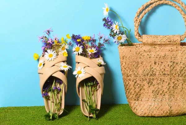 Zapatillas Femeninas Moda Beige Con Bolsa Flores —  Fotos de Stock