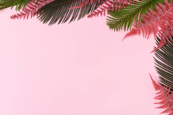 Frame of tropical leaves on pink background