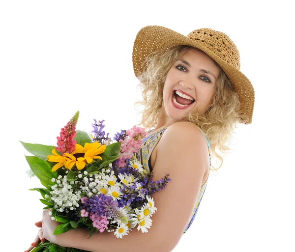 Szép nő, virágokkal — Stock Fotó