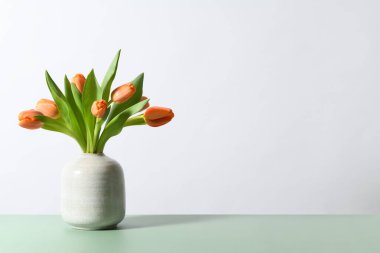 Beyaz arka planda turuncu laleli vazo