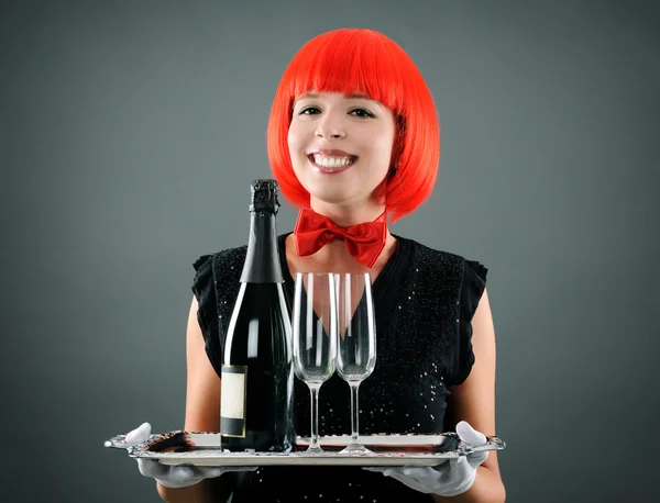 Pretty waitress with wine — Stock Photo, Image
