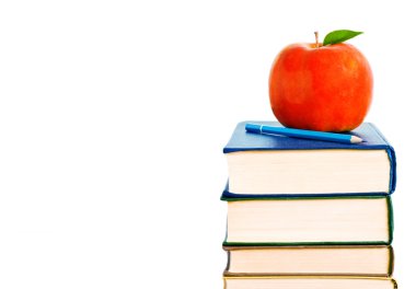 Eğitim kavramı. Bir Kırmızı elma ve kalem üstüne oturan bir