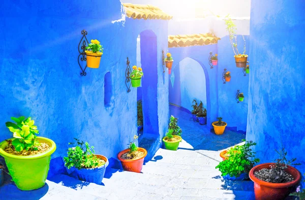 美丽的蓝色麦地那的舍市在摩洛哥，北非 — 图库照片