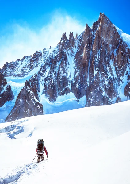 Touristique avec un sac à dos et panorama de montagne. Sport actif conc — Photo