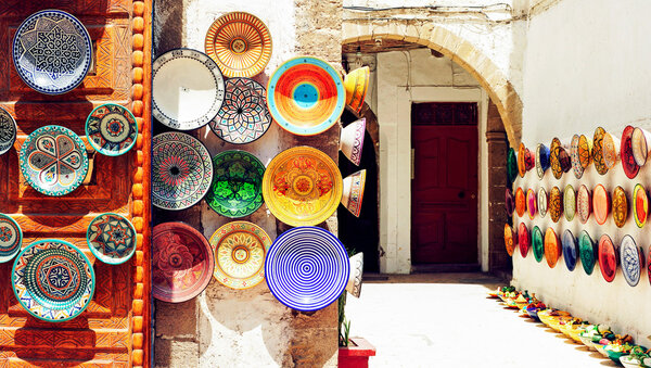 Traditional arabic handcrafted, colorful decorated plates shot a