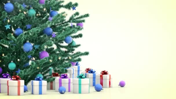 Рождественская елка с подарками, падающие снежинки — стоковое видео