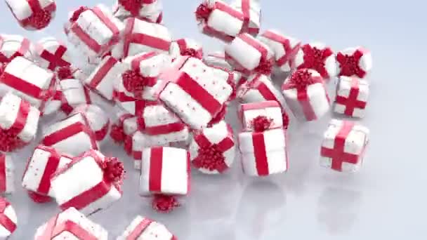 Падающие Белые Рождественские Подарочные Коробки Красными Луками Лентами Сером Фоне — стоковое видео
