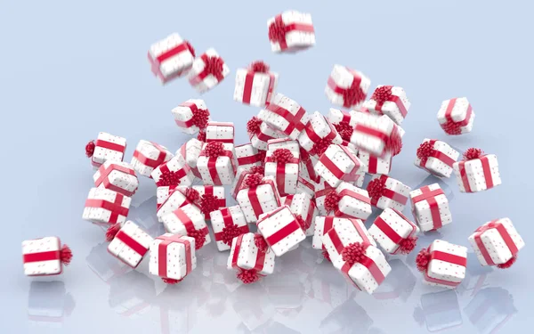 Caída Cajas Regalo Navidad Con Lazos Rojos Cintas Sobre Fondo — Foto de Stock
