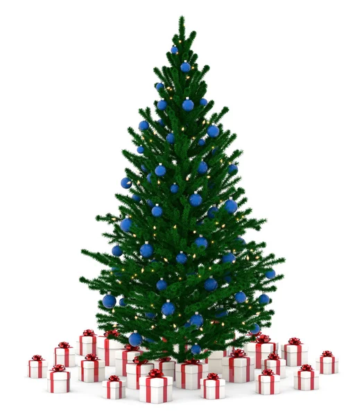 Decoração de árvore de Natal com bolas, lâmpadas — Fotografia de Stock