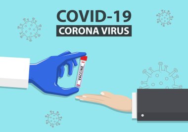 Doktor, korona aşısı virüsü konseptini düz dizayn ediyor. İş Elleri Vektör illüstrasyonu