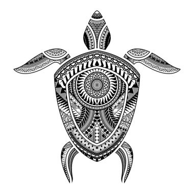 Polinezya dövmeli kaplumbağa. Deniz kaplumbağası siyah beyaz çizim sembolü. maori tasarım vektörü.
