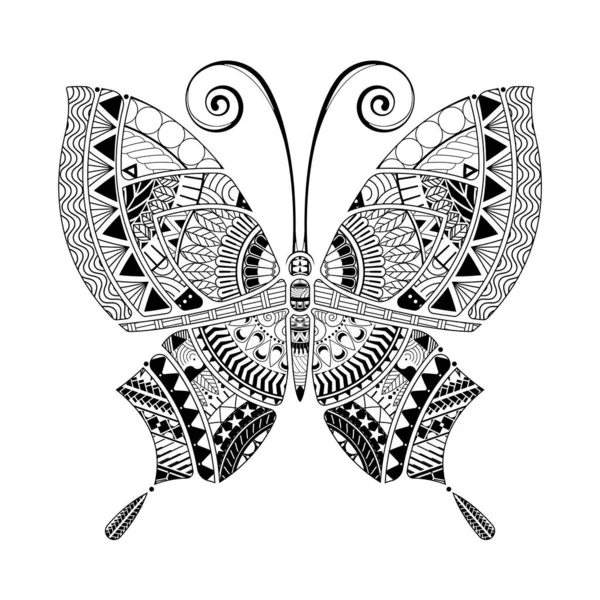 Бабочка Нарисовала Этнические Узоры Стиле Татуировки Страница Раскраской Взрослых Детей — стоковый вектор