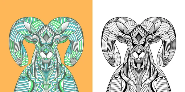 Livre Colorier Big Horn Sheep Head Éducatif Pour Adulte Tatouage — Image vectorielle