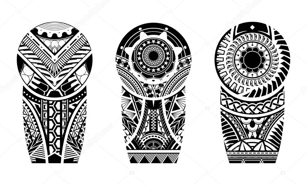 Tattoo tribal abstract sleeve set, black arm shoulder tattoo fantasy pattern vector art design isolated on white background