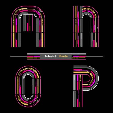 M, N, O, P kümesinde soyut fütüristik modern font ile vektör grafik alfabesi. Posterler, logolar, kapaklar vs. için tipografi tasarımı.