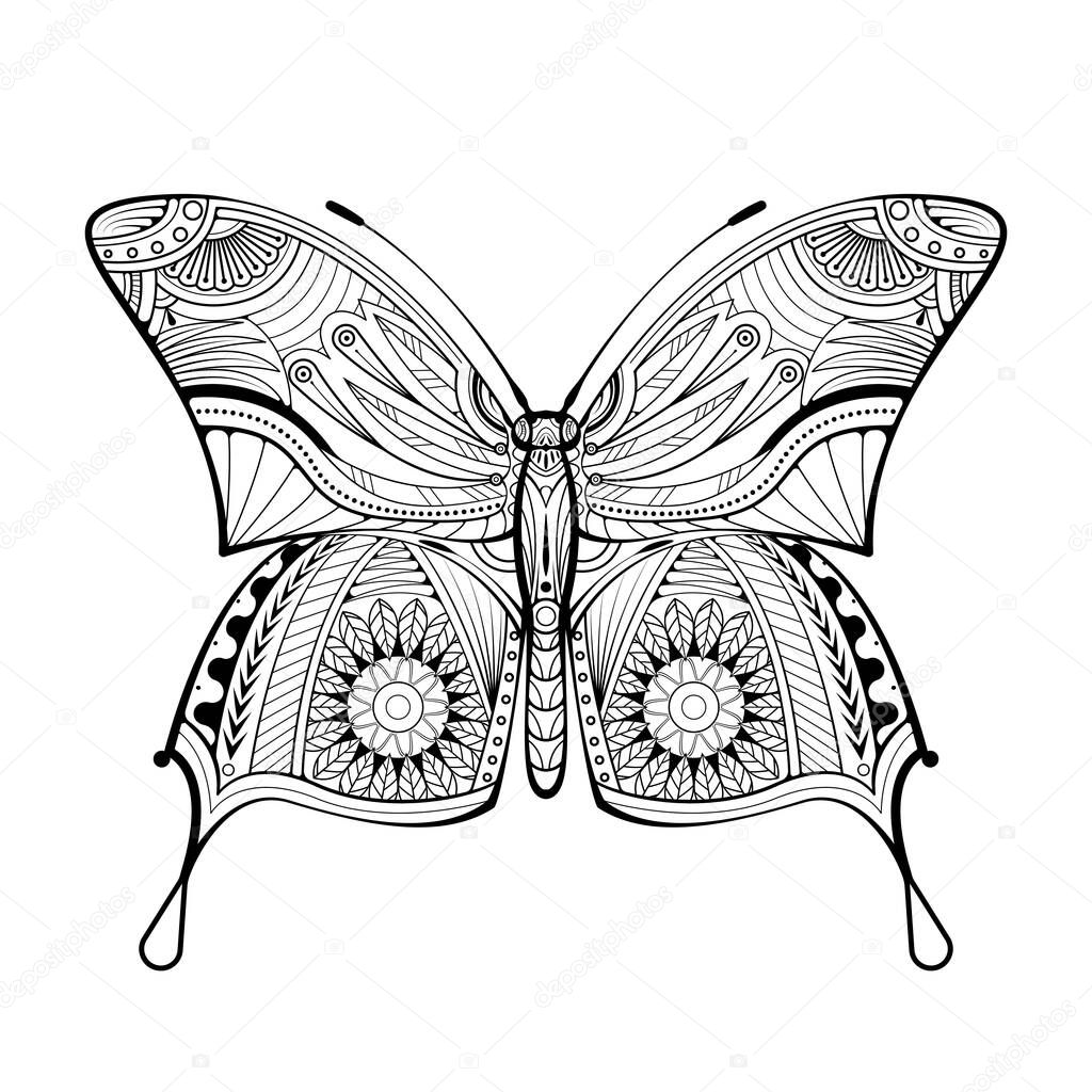 Butterfly hand drawn ethnic patterned, tattoo style. Coloring book page for adults and child vector.