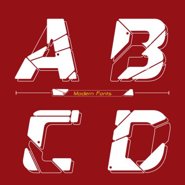 A, B, C, D kümesinde vektör grafik alfabesi, Soyut Gelecek modern yazı tipi ile. Posterler, logolar, kapaklar vs. için tipografi tasarımı.