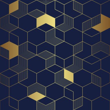 Vektör modern geometrik fayans deseni. Altın şekilli lacivert bir lüks. Soyut küp pürüzsüz arkaplan.