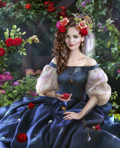 Young woman among the flowers of roses and precious stones.