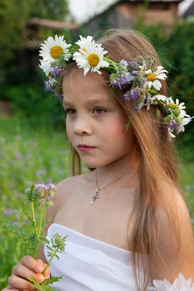 Retrato de una niña en una corona de manzanillas en la cabeza con una flor en las manos — Foto de Stock