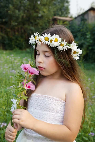 Retrato de uma menina em uma coroa de camomilas em sua cabeça, que está cheirando uma flor — Fotografia de Stock