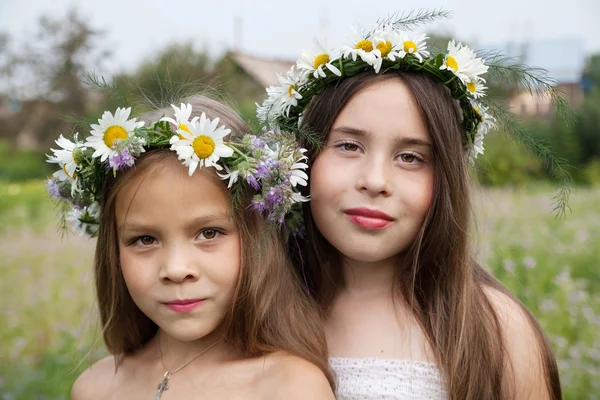 Retrato de uma bela menina vestindo uma coroa de camomilas — Fotografia de Stock