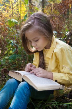 Kız açık havada Hint yaz sonbaharda otururken bir kitap okuma