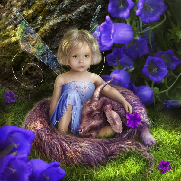 Little fairy with a fabulous beast — Stock Photo, Image