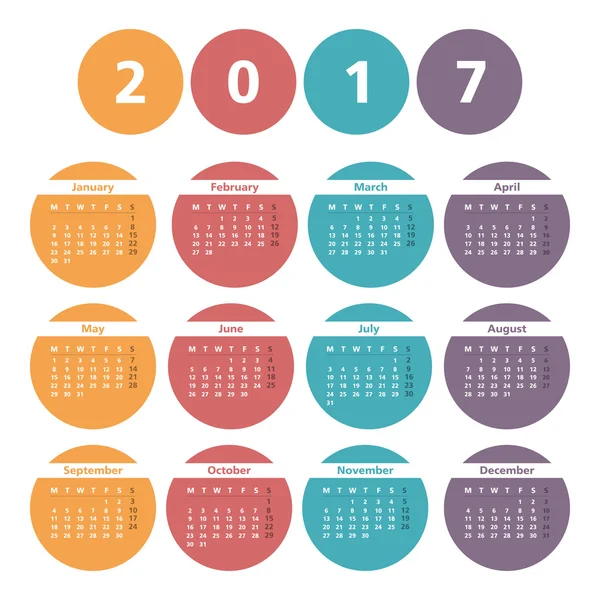 Calendrier 2017 en cercles — Image vectorielle
