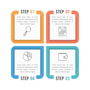 Dört adım veya seçenekli bilgi şablonu, iş akışı, süreç diyagramı, vektör eps10 illüstrasyonu