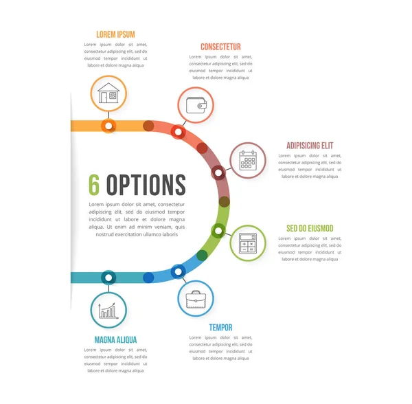 Plantilla Infografía Opciones Con Iconos Línea Para Presentaciones Informes Folletos — Archivo Imágenes Vectoriales