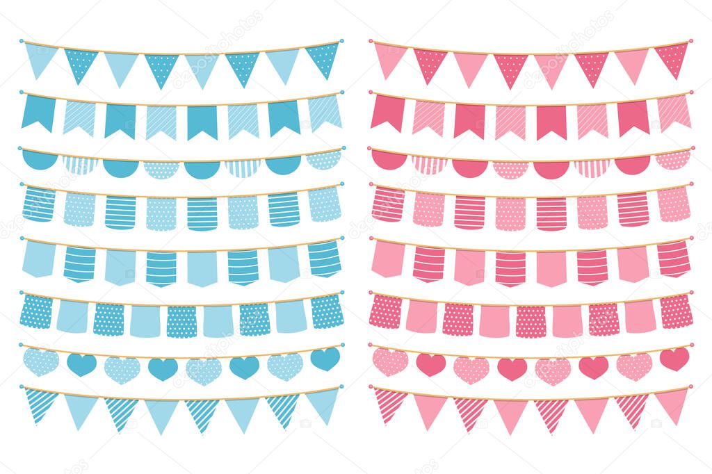 Blue and pink bunting on white background, vector eps10 illustration