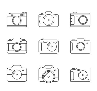 Beyaz arkaplanda 9 kamera çizgisi simgesi, vektör eps10 illüstrasyon