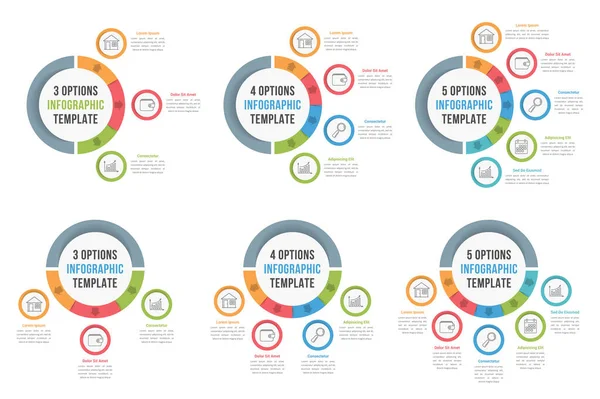Modelli Infografici Del Cerchio Con Tre Quattro Cinque Punti Illustrazione — Vettoriale Stock