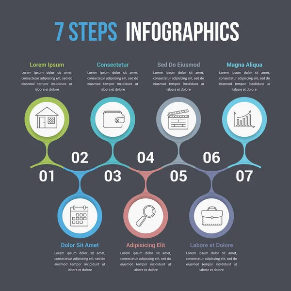 Modelo Infográfico Com Sete Spteps Opções Infográficos Negócios Processo Diagrama — Vetor de Stock