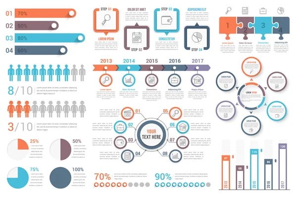 Set Der Nützlichsten Infografik Elemente Balkendiagramme Menschliche Infografiken Tortendiagramme Schritte — Stockvektor