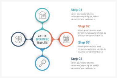 Dört elementten oluşan çember bilgi şablonu, süreç diyagramı, adımlar, seçenekler, vektör eps10 illüstrasyonu olarak kullanılabilir