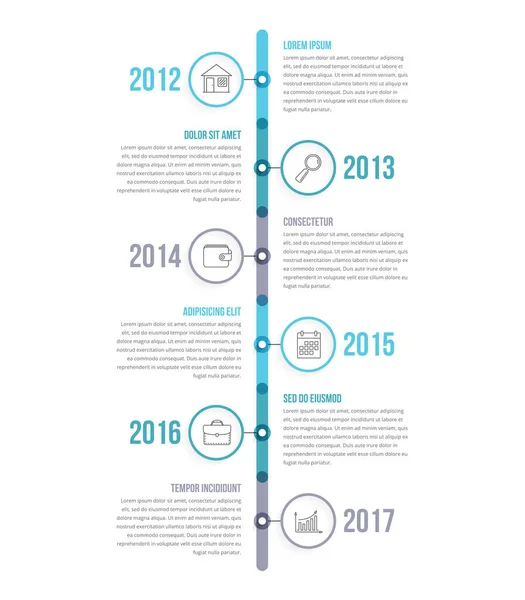 Verticale Tijdlijn Infographics Template Met Kleurrijke Cirkels Workflow Procesdiagram Vector — Stockvector